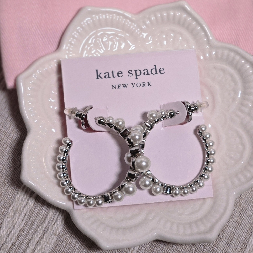 Kate Spade Caviar Pearl Hoop Earrings in Silvertone NWT and Includes Dustbag